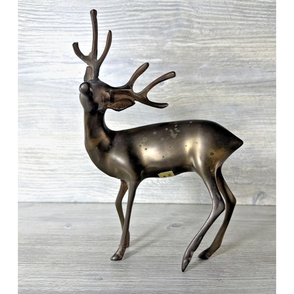 Vtg Brass Buck Deer Stag Figure Reindeer MCM 6 Point Antlers Animal 9" Korea - Picture 1 of 12
